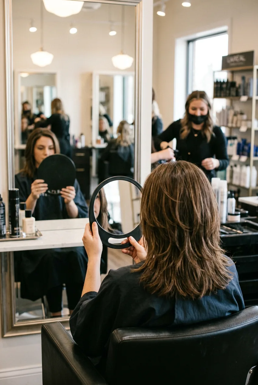 Hands using mirror to check back view of freshly cut layered hairstyle