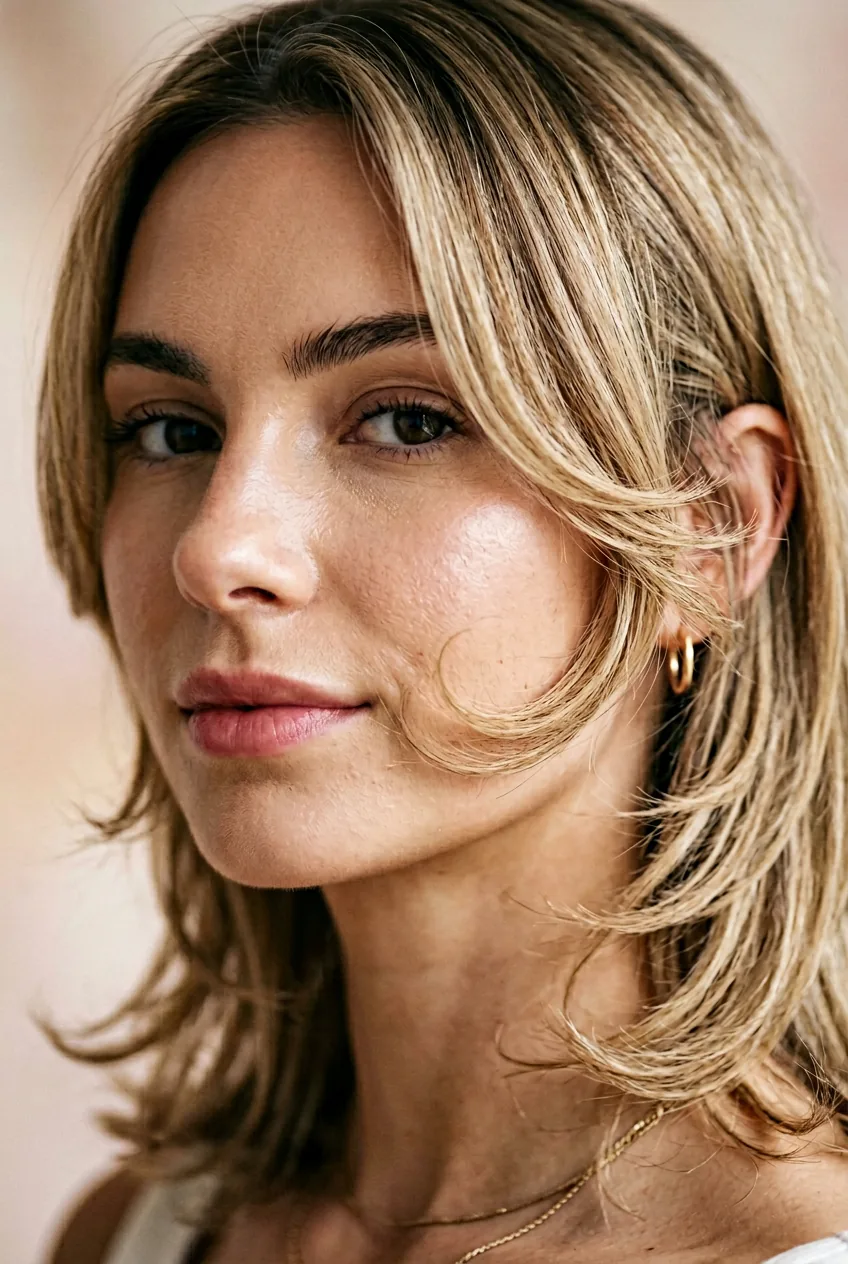 Close-up showing face framing layers starting precisely at cheekbone level with soft natural movement
