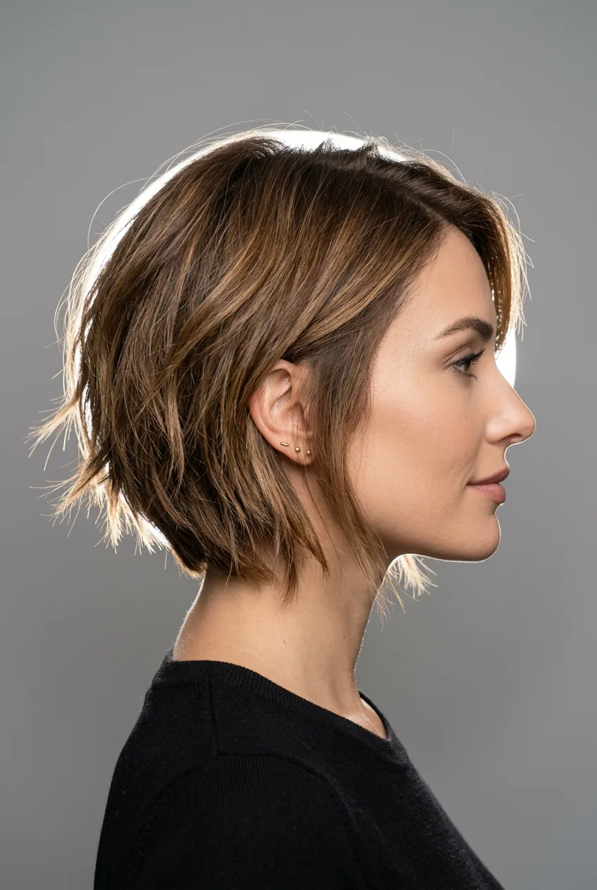 Woman with choppy bob showing wispy textured ends and lived-in styling in side profile view
