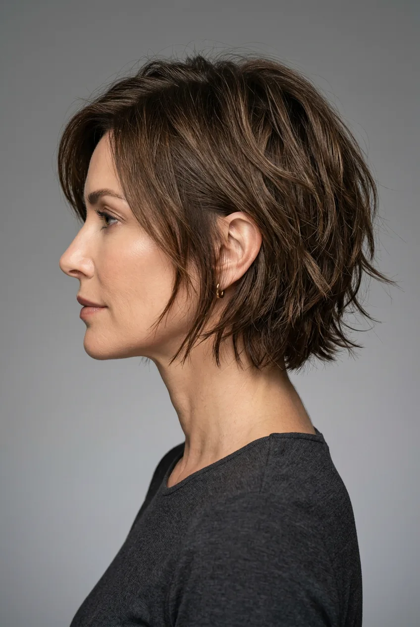 Woman displaying choppy layered bob with disconnected textured pieces at chin length