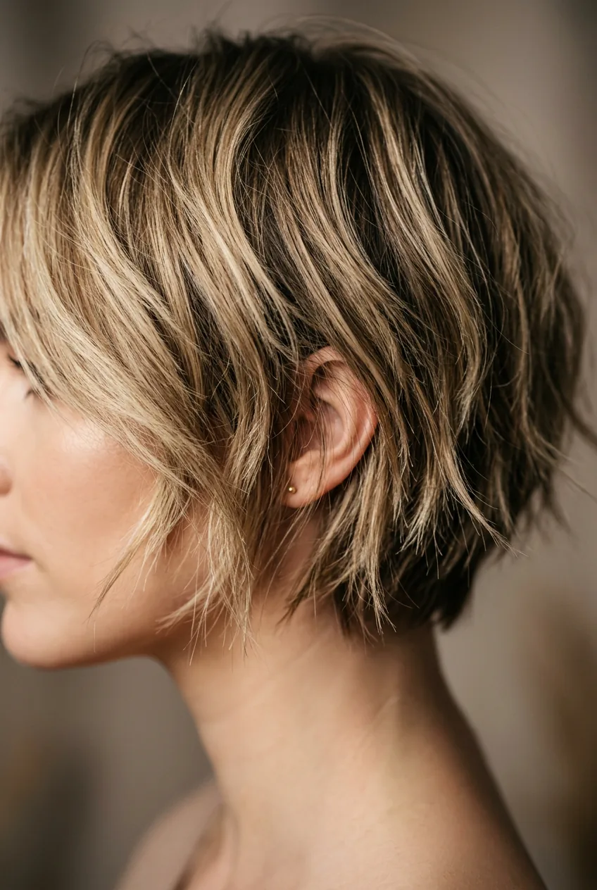 Close-up of choppy layered bob haircut with textured ends in natural lighting