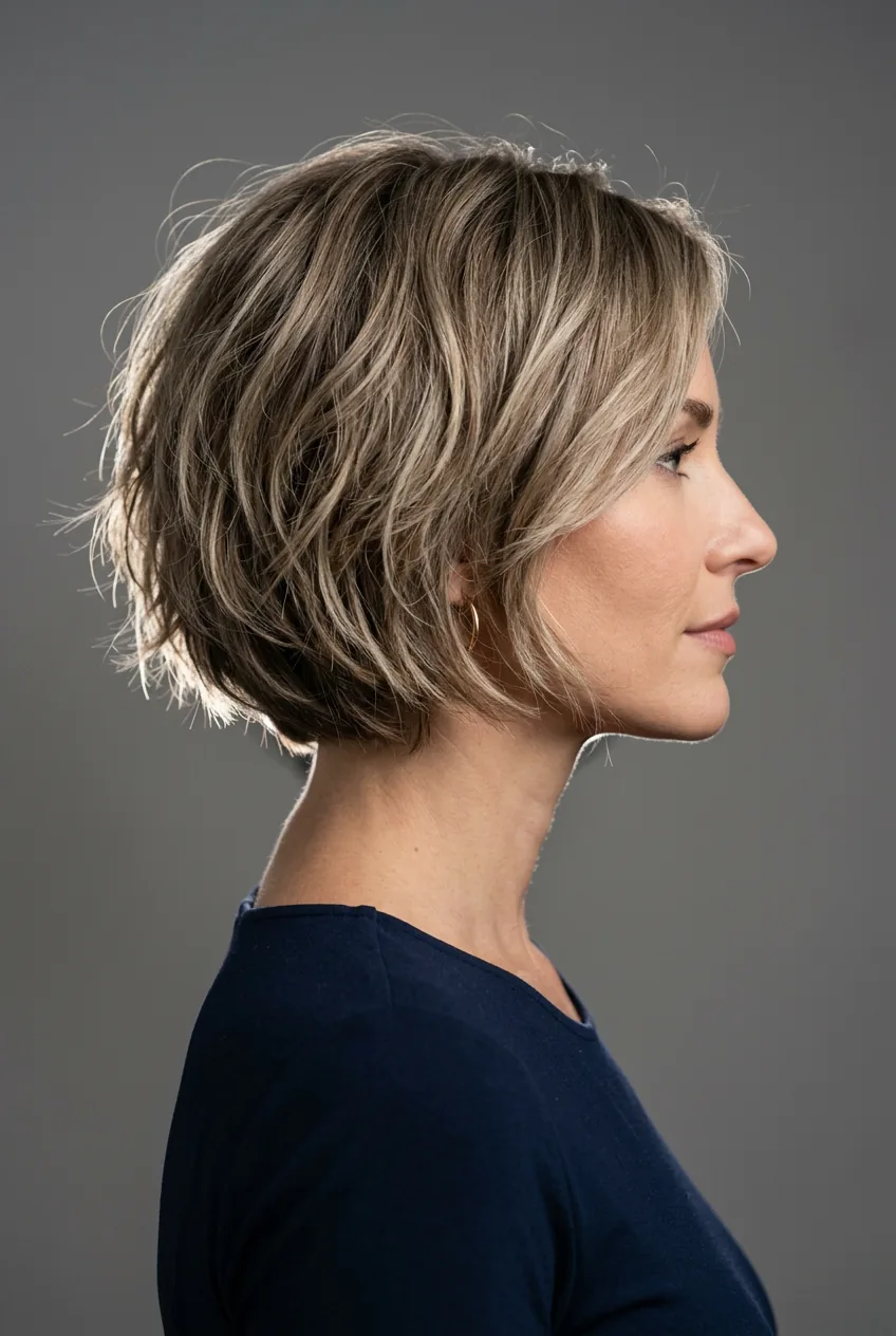Woman with layered bob showing chunky blonde highlights following the natural layer pattern