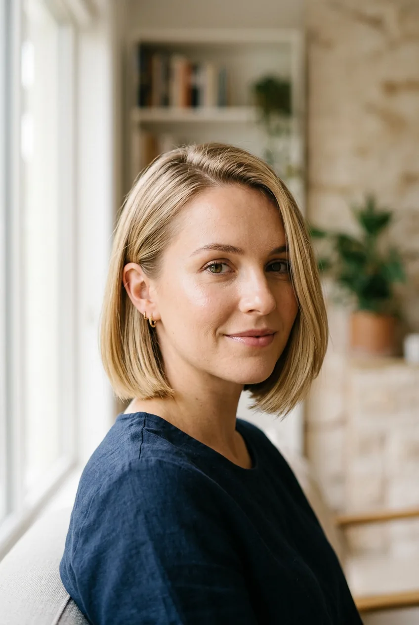 Woman with classic chin-length bob cut tucked behind ear in natural window light