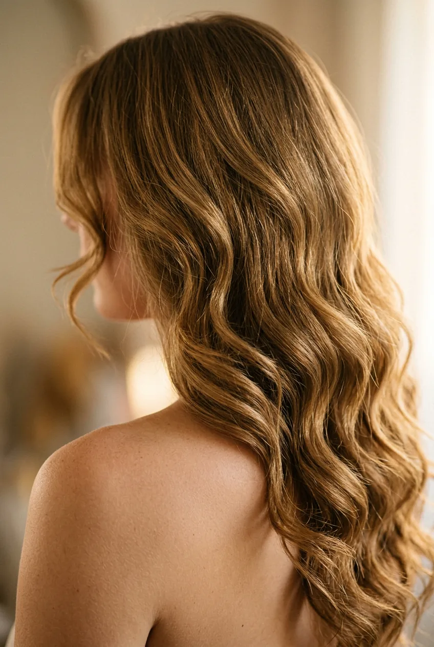 Classic chest-length layered waves with gentle face-framing pieces in golden light