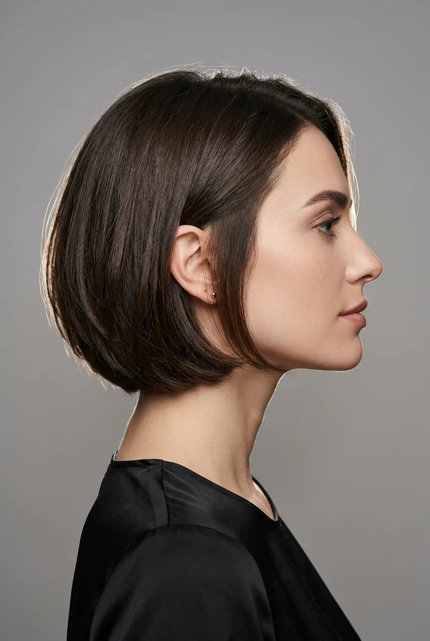 Woman with classic chin-length bob featuring subtle layers and smooth finish in side profile