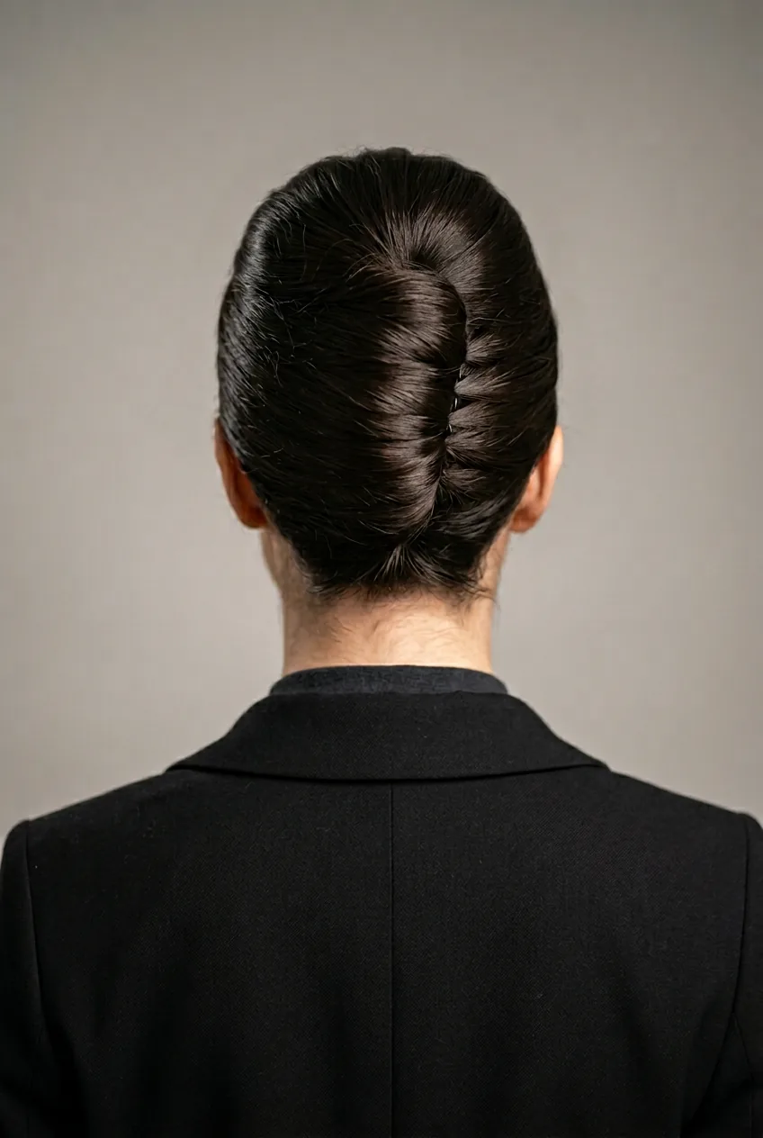 Classic French twist updo showing structured height and polished finish for interviews