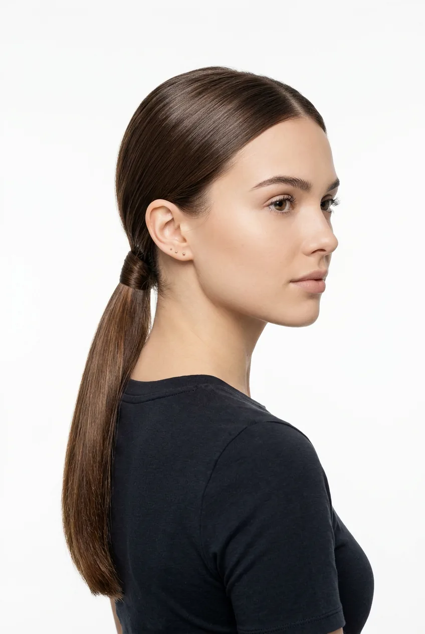 Woman with smooth brown hair in classic low ponytail gathered at nape of neck
