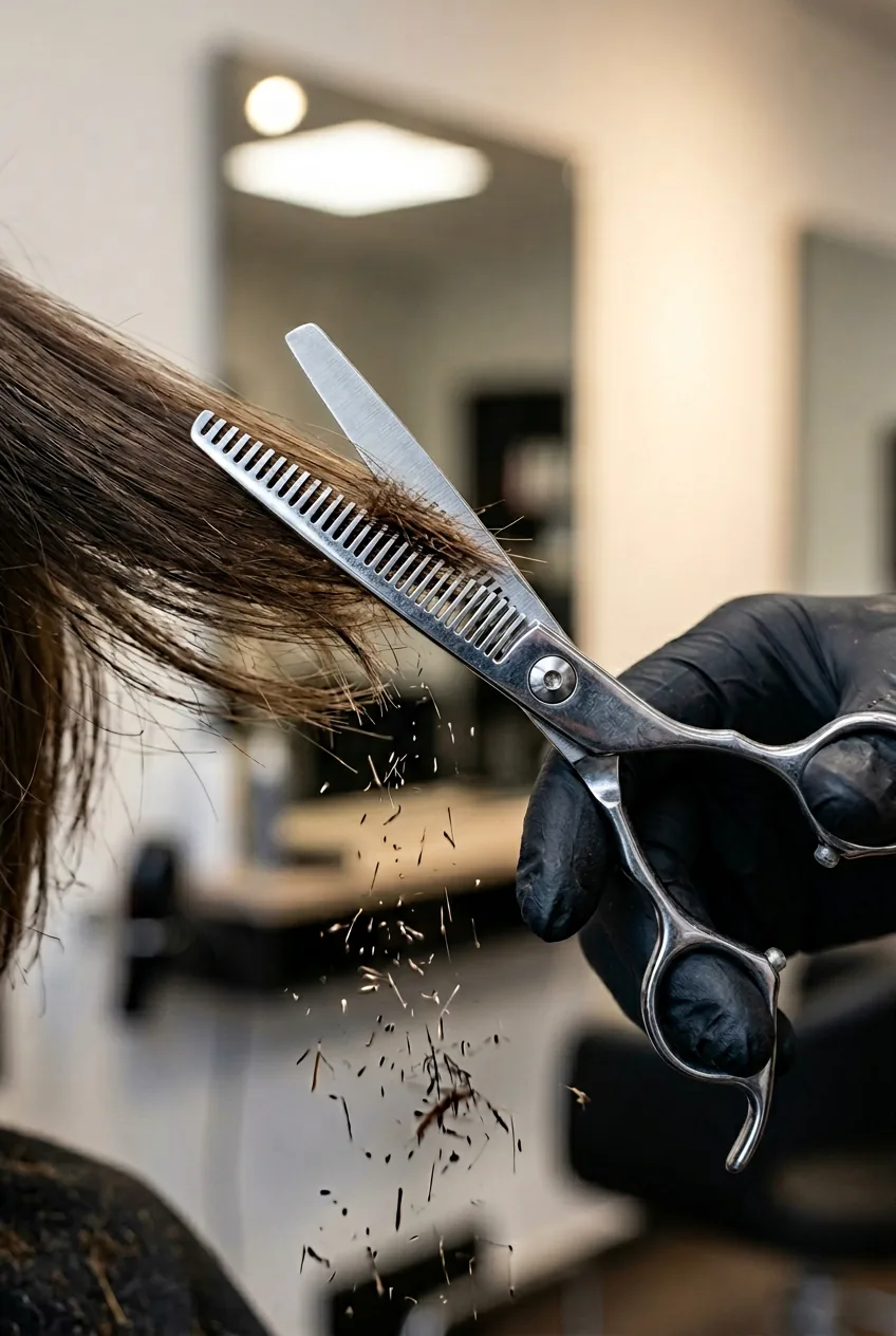 Extreme close-up of thinning shears texturizing hair ends with visible cut fragments and stylist's gloved hand