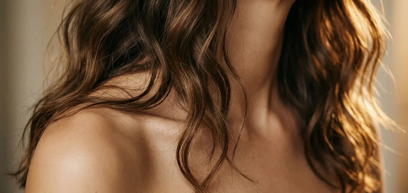 Woman with collarbone length wavy hair cascading over bare shoulder showing natural movement