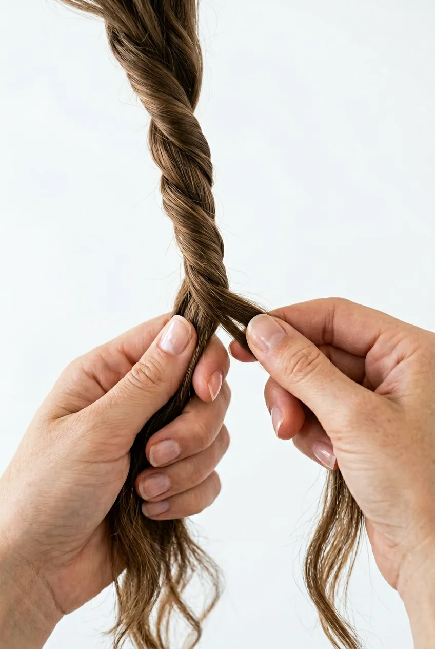 Hands combining smaller hair section into larger twisted section during styling process