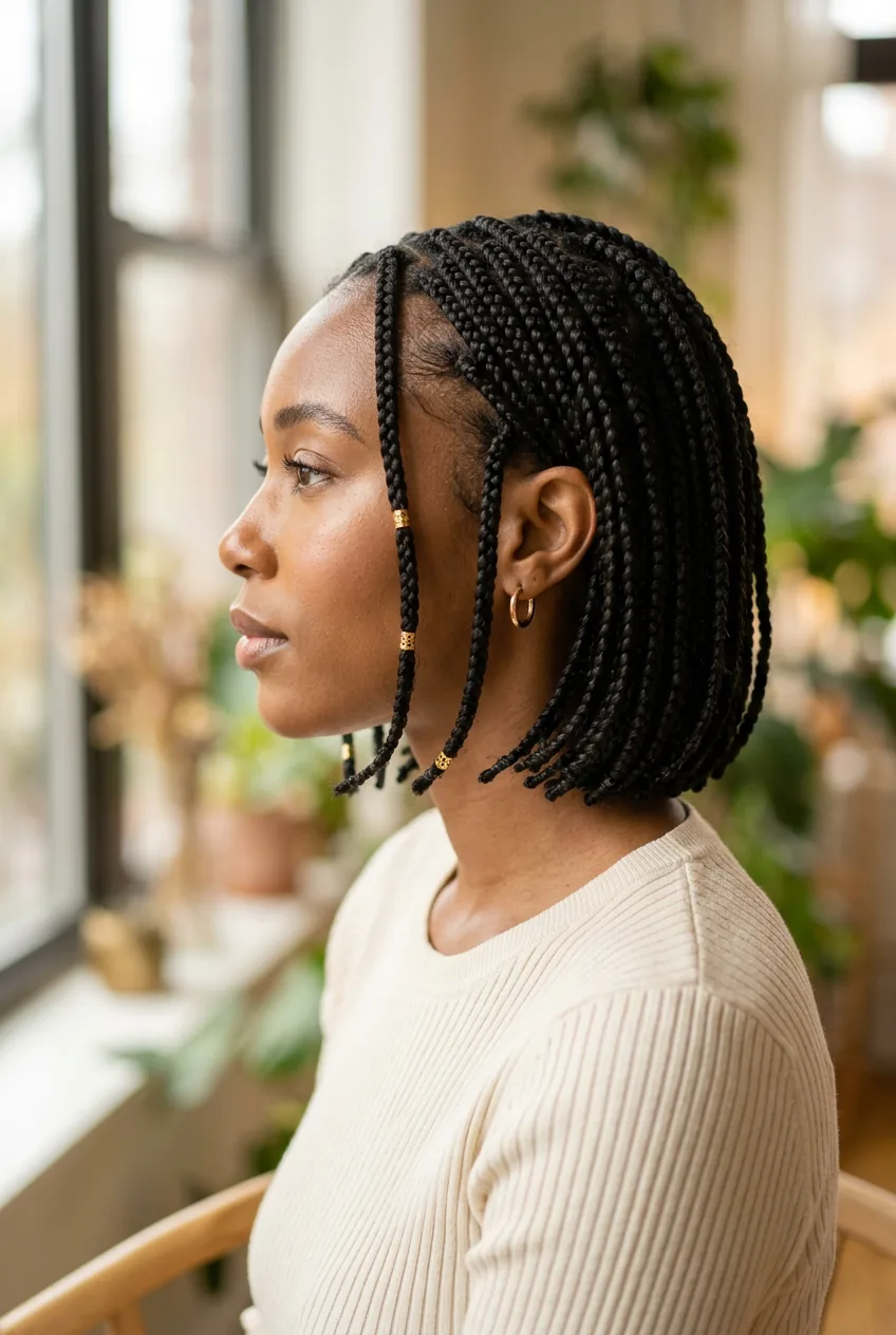 Completed short bob braids with loose face-framing pieces in natural lighting