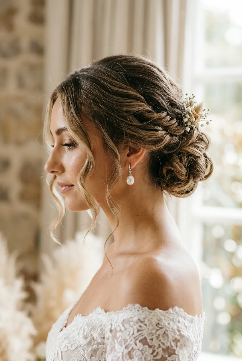 Side profile view of completed romantic bridal updo with loose face-framing pieces and pearl earrings visible