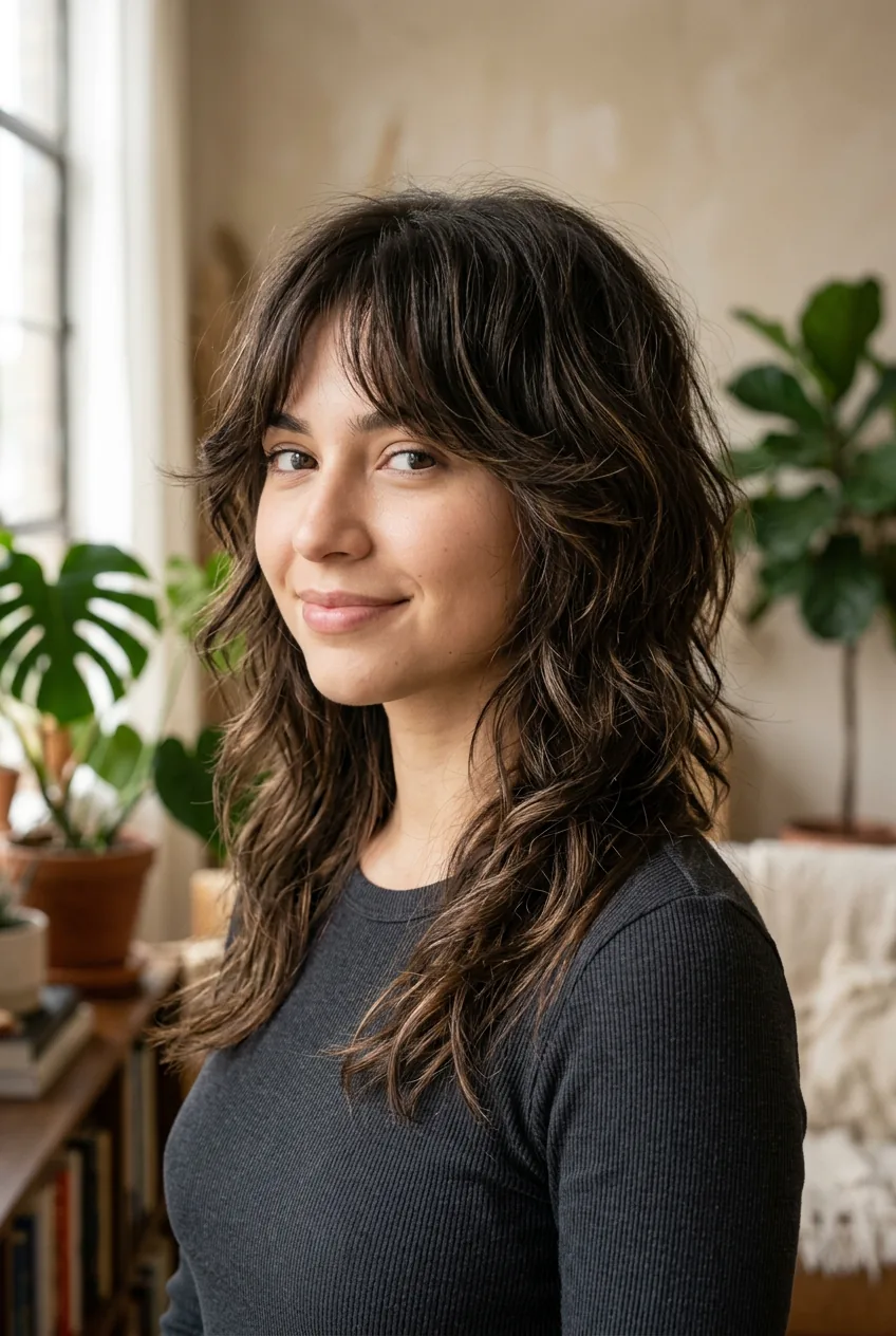Model with completed shaggy wolf cut displaying natural movement and face-framing layers