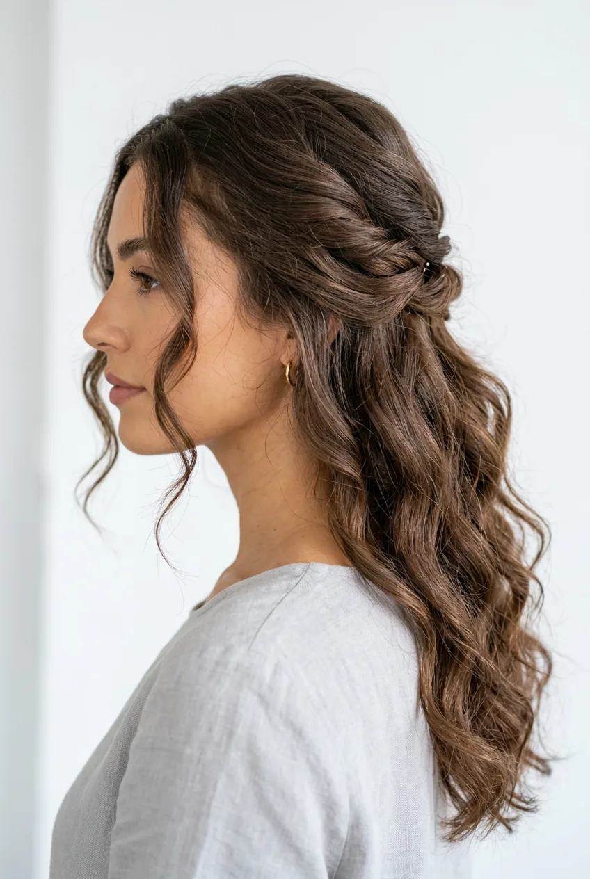 Side view of completed twisted half-up hairstyle showing loose texture and face-framing pieces