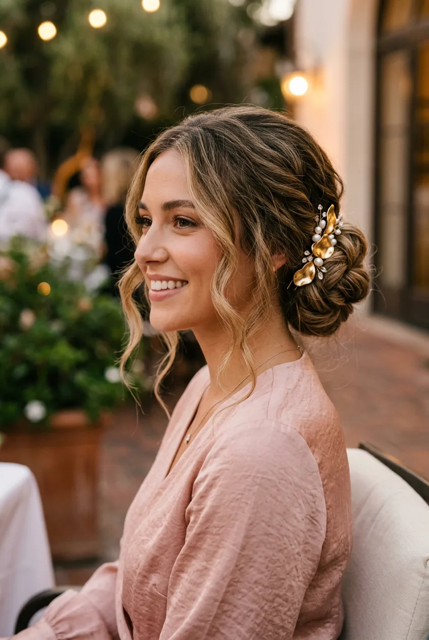 Contemporary chignon with modern accessory and face-framing loose pieces