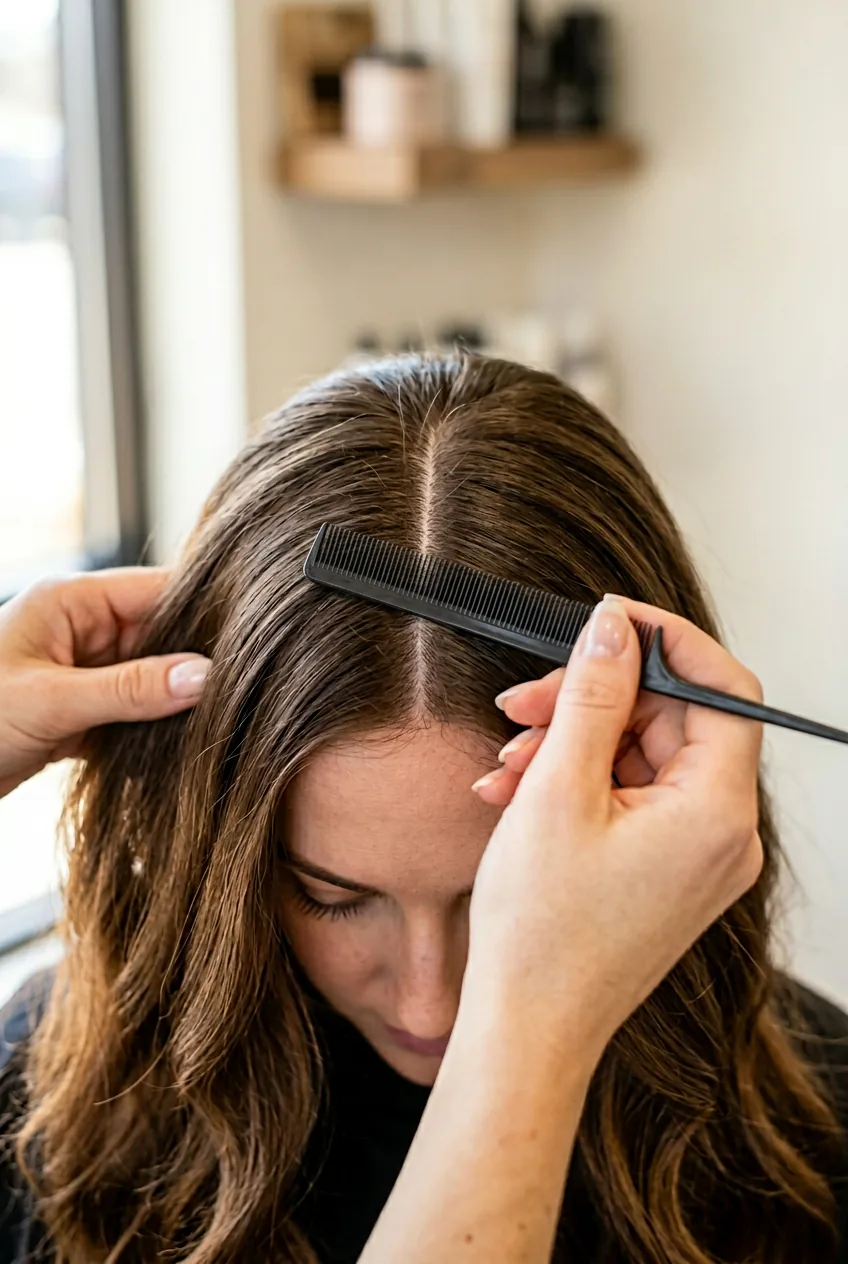Hands using rat-tail comb to create straight center part line in long brown hair