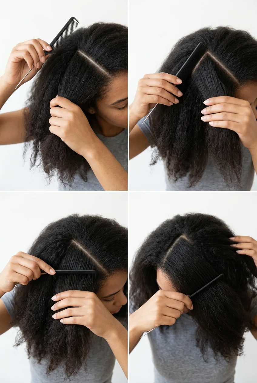 Hands using rat-tail comb to create deep side part in thick dark hair on white background