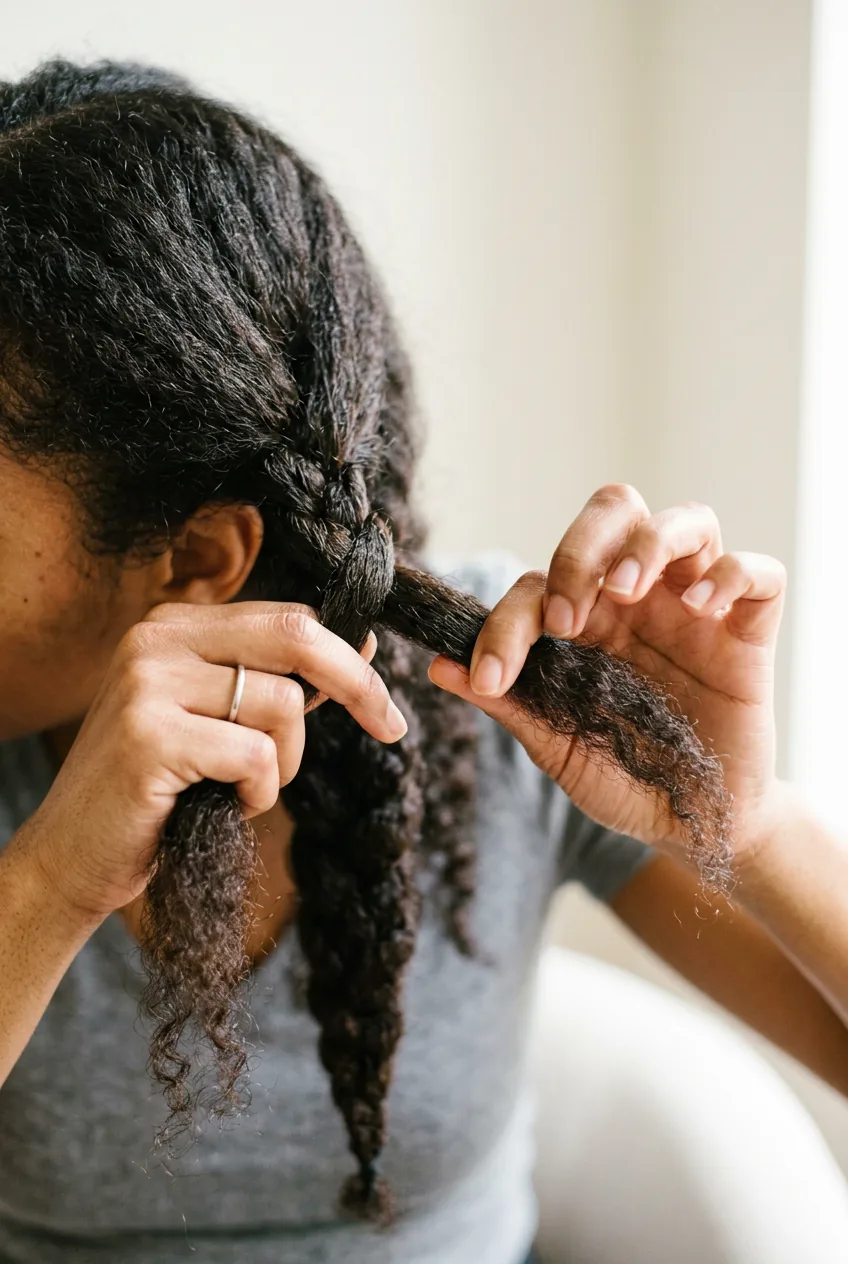 Action shot of hands crossing right hair strand over center during braiding process