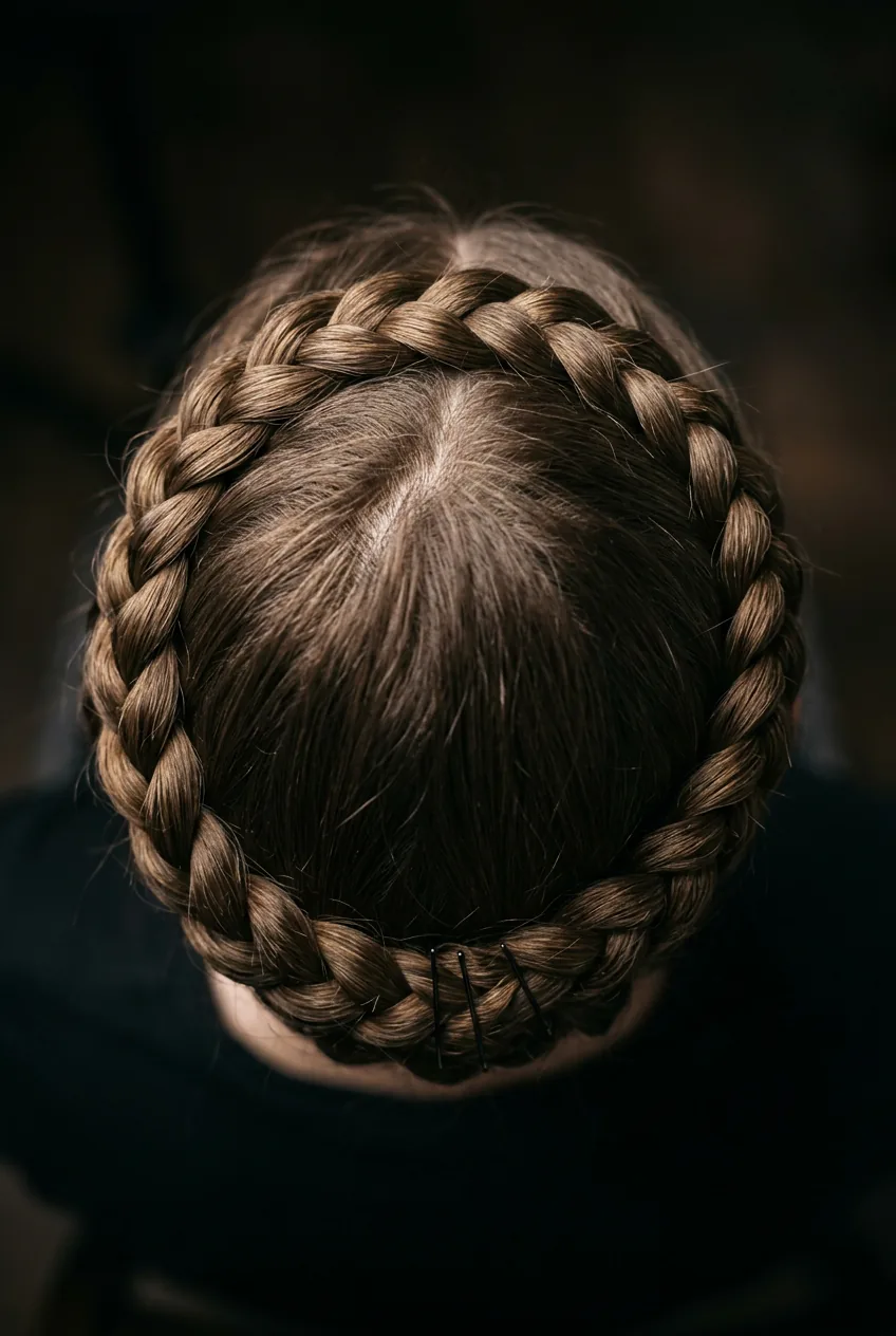 Overhead view of completed crown braid circling head with tucked and pinned end