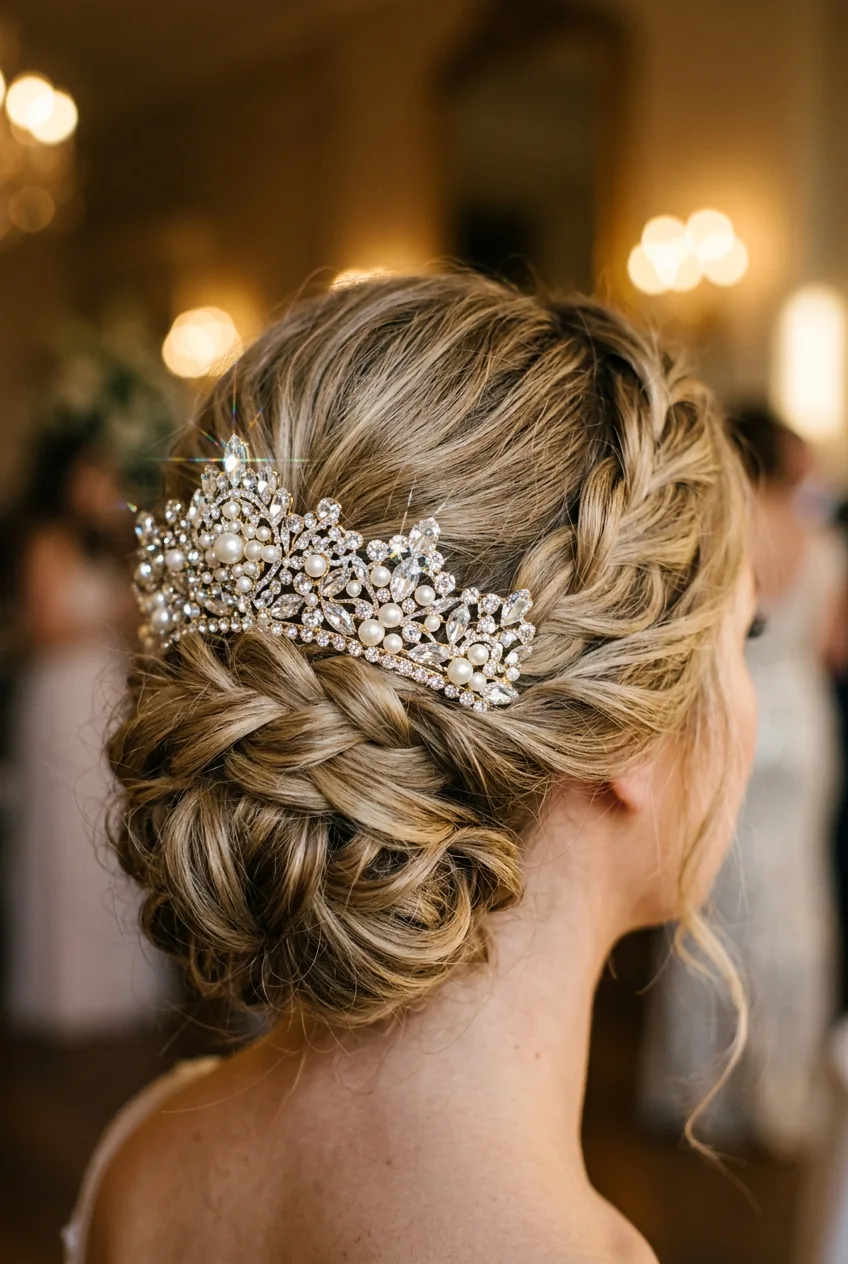 Crown-style hair accessories with pearls and crystals in styled updo