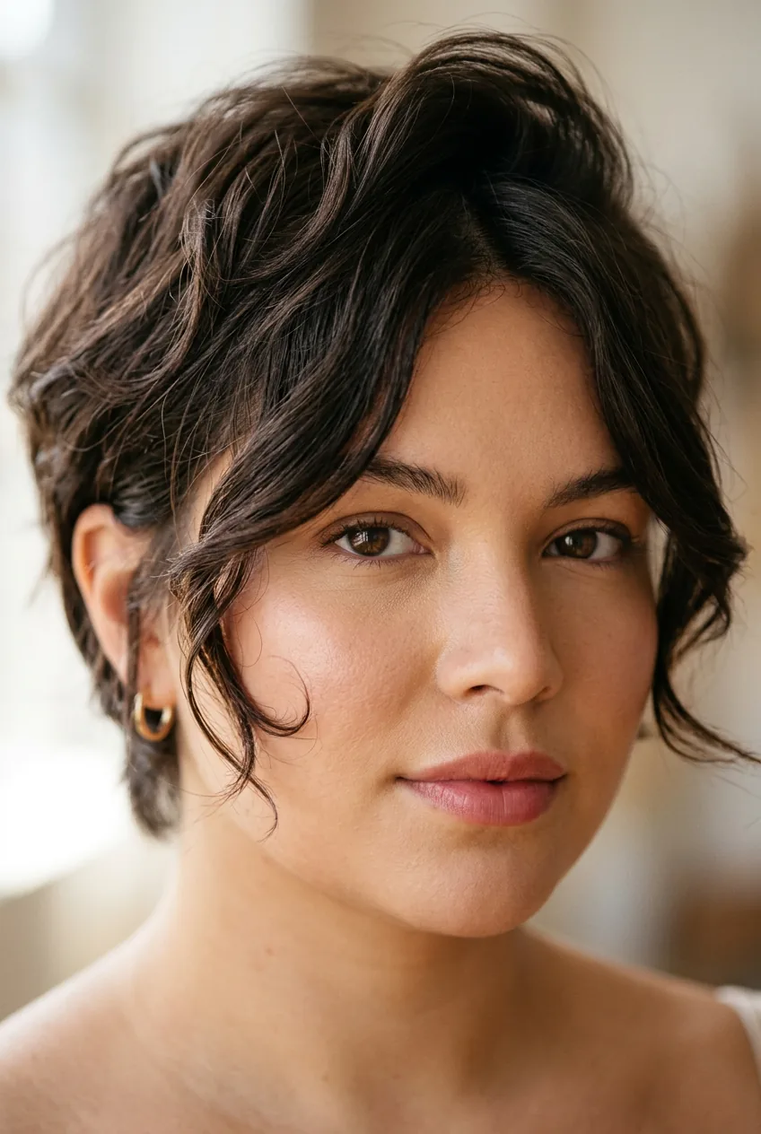 Round face haircut styled with crown volume and forward-angled face-framing pieces