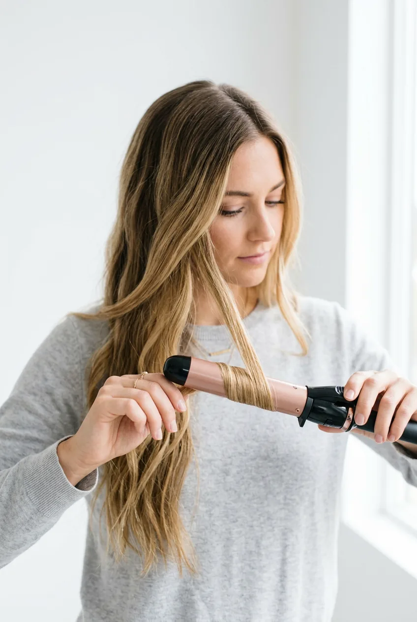 Long hair being wrapped around 1.5 inch curling iron barrel demonstrating proper technique