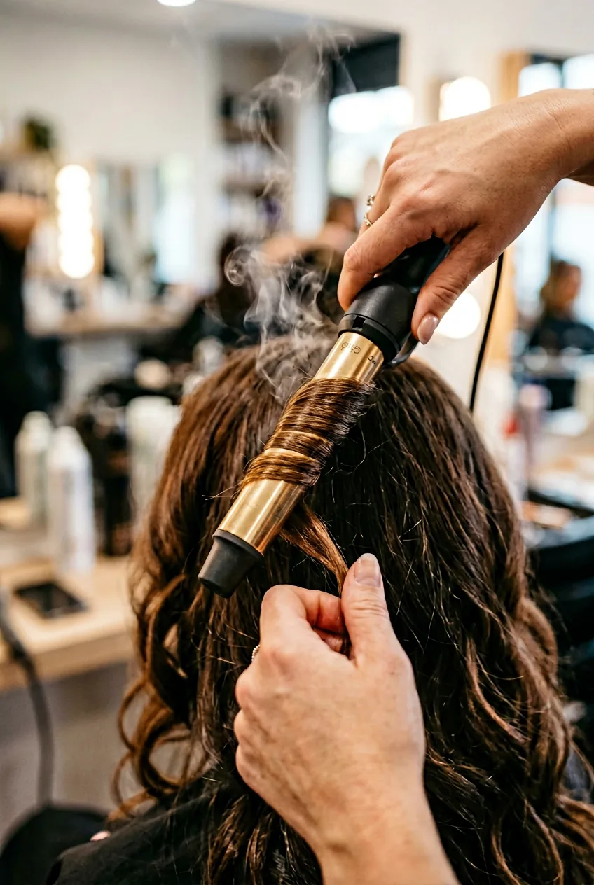 Curling iron creating loose waves in brunette hair with visible steam from styling heat