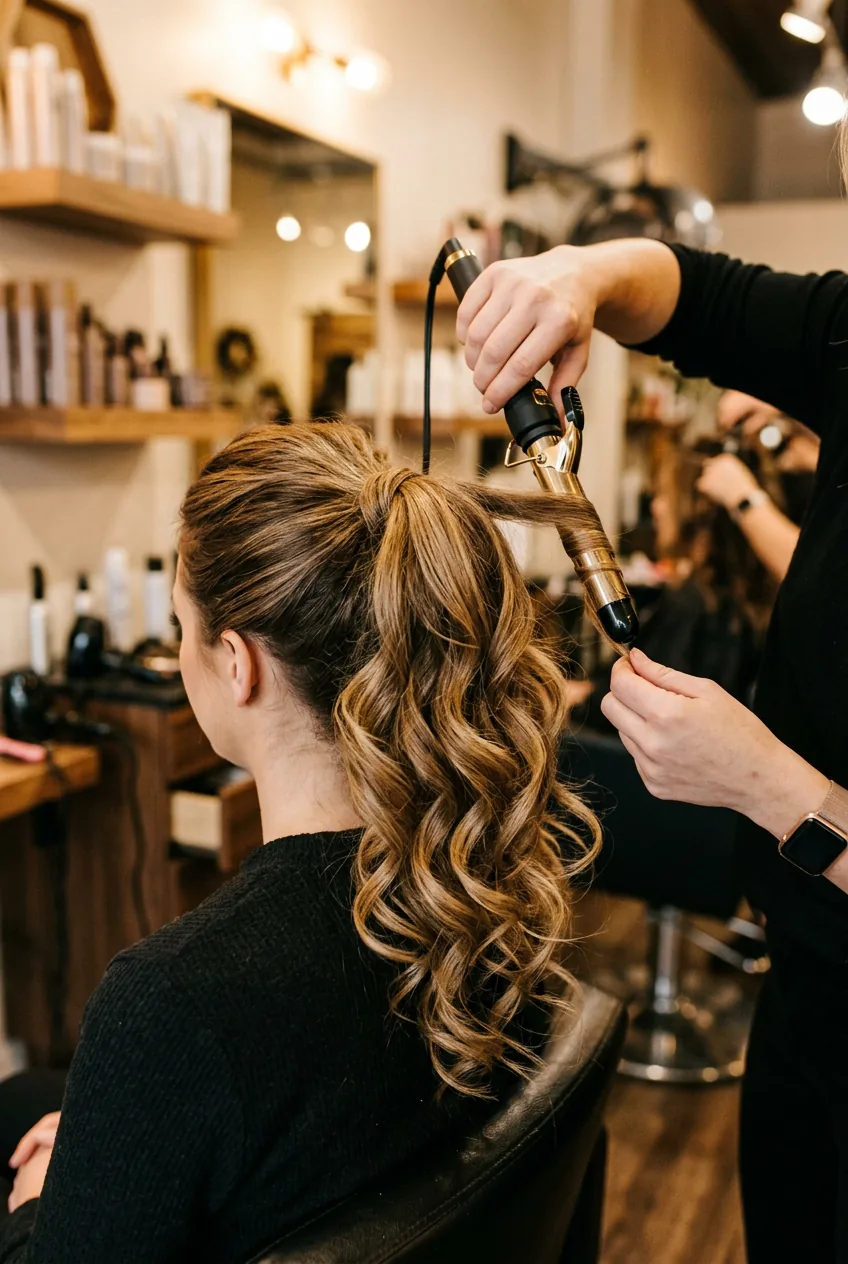 Curling iron creating loose romantic curls in ponytail with varied curl directions for movement