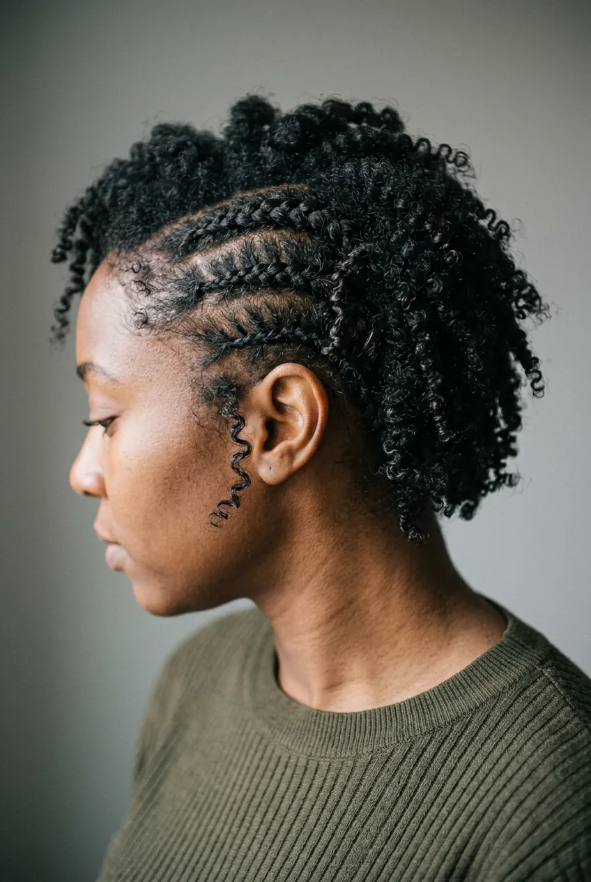 Profile view showing braids with curls naturally springing loose from braided sections creating imperfect texture