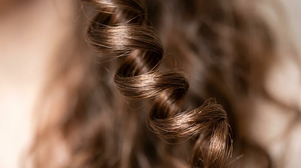 Extreme close-up of a single spiral curl showing light reflection and natural hair texture