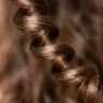 Extreme close-up of a single spiral curl showing light reflection and natural hair texture