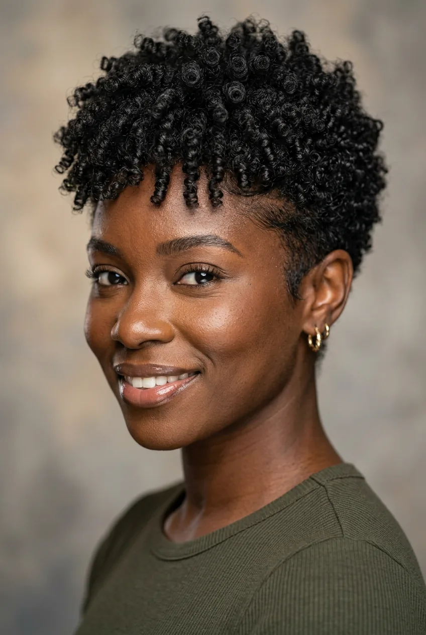 Woman with tight coil pattern in curly pixie cut showing natural texture and tailored sides