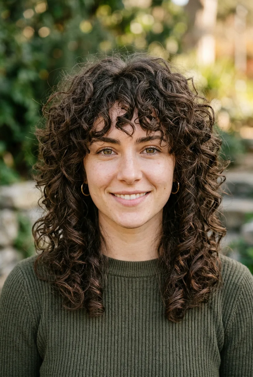 Woman with thick curly hair in trendy wolf cut showing choppy layers and volume