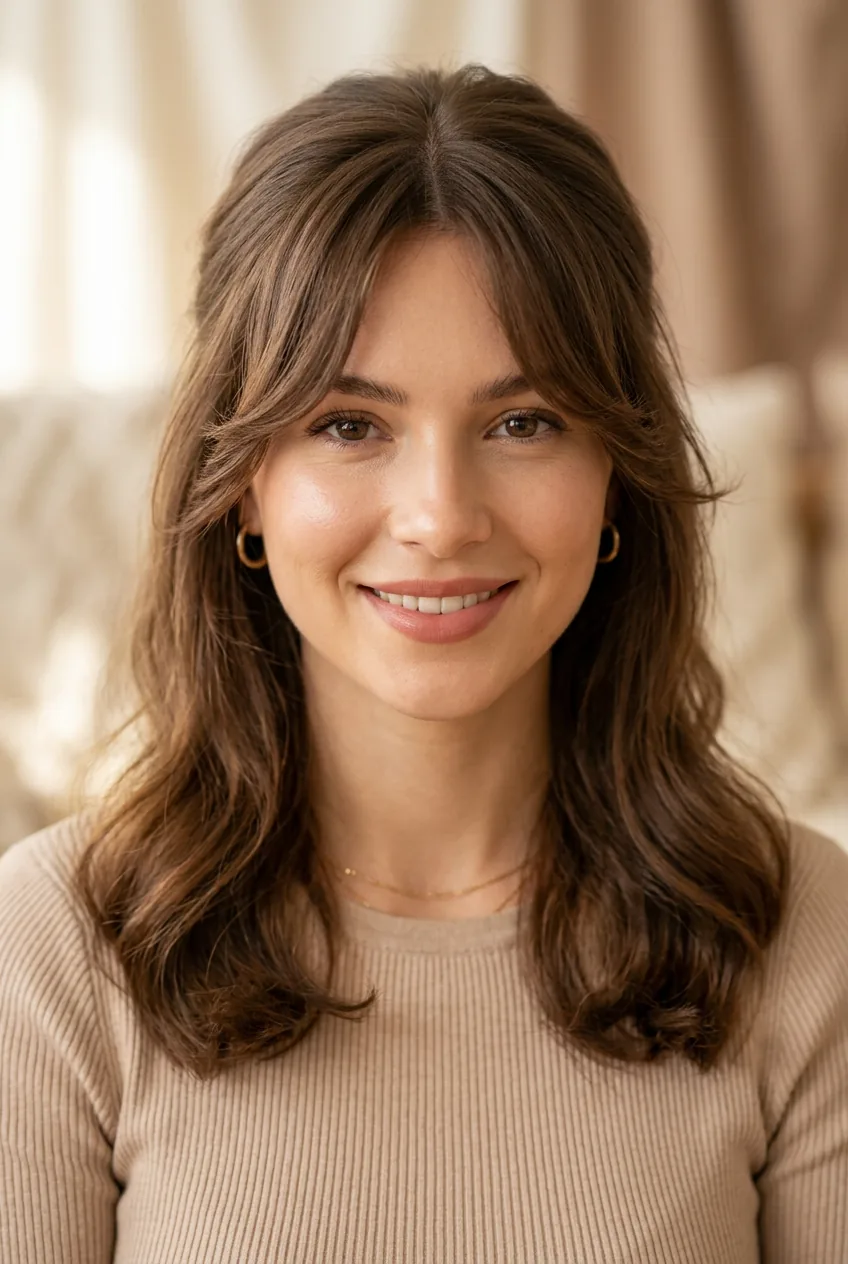 Front-facing woman with elegant curtain bang wisps swept to both sides with center part