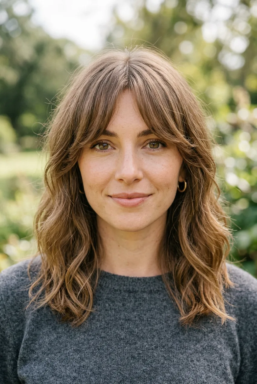 Close-up of curtain bangs naturally parted and sweeping to frame woman's face