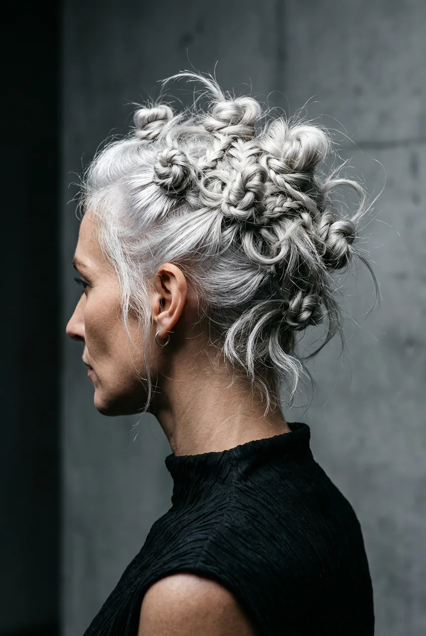 Editorial deconstructed bun with silver hair in multiple loose textured sections