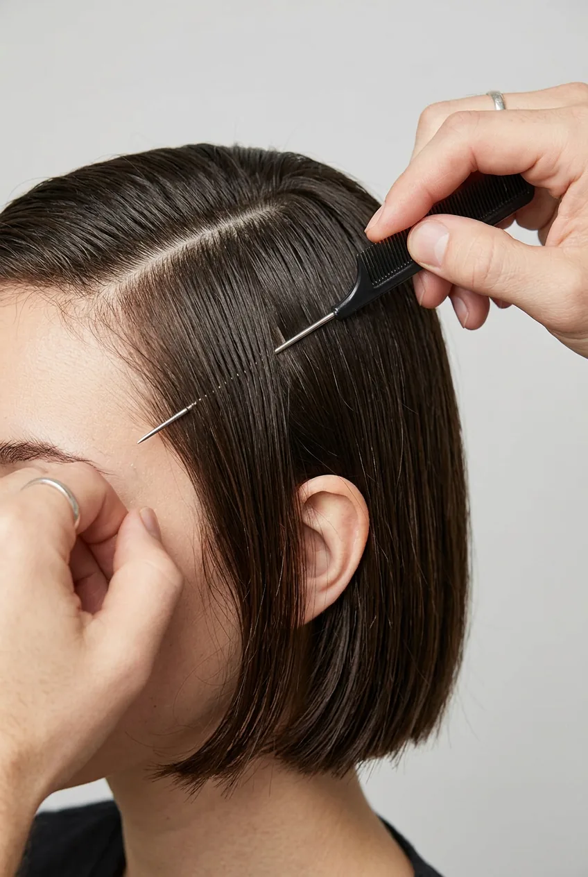 Rat tail comb creating precise deep side part in short bob haircut
