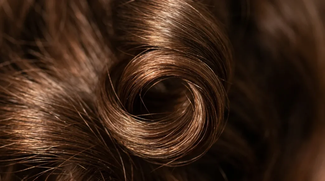 Extreme close-up of single spiral curl showing light reflecting off hair cuticle with shallow depth of field