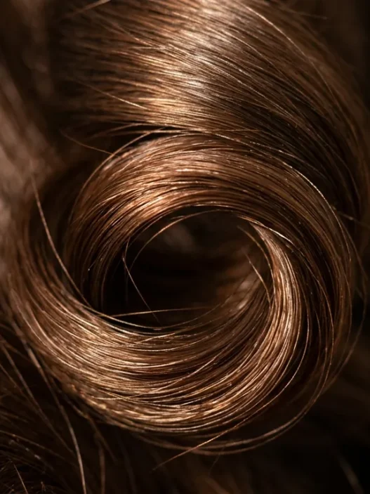 Extreme close-up of single spiral curl showing light reflecting off hair cuticle with shallow depth of field