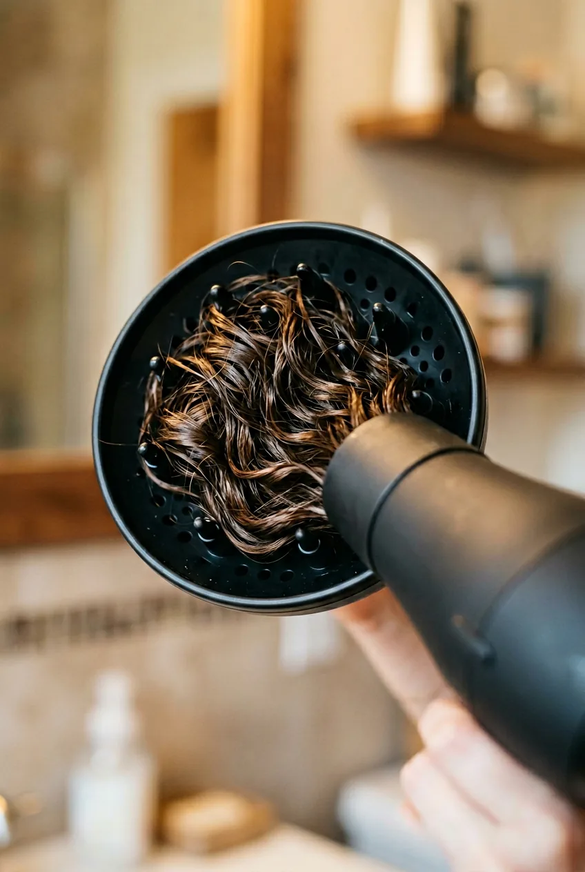 Hair diffuser bowl holding section of wavy hair during proper drying technique