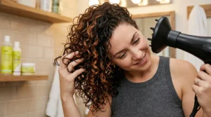 Woman scrunching curly hair with diffuser attachment, head tilted sideways in warm bathroom lighting