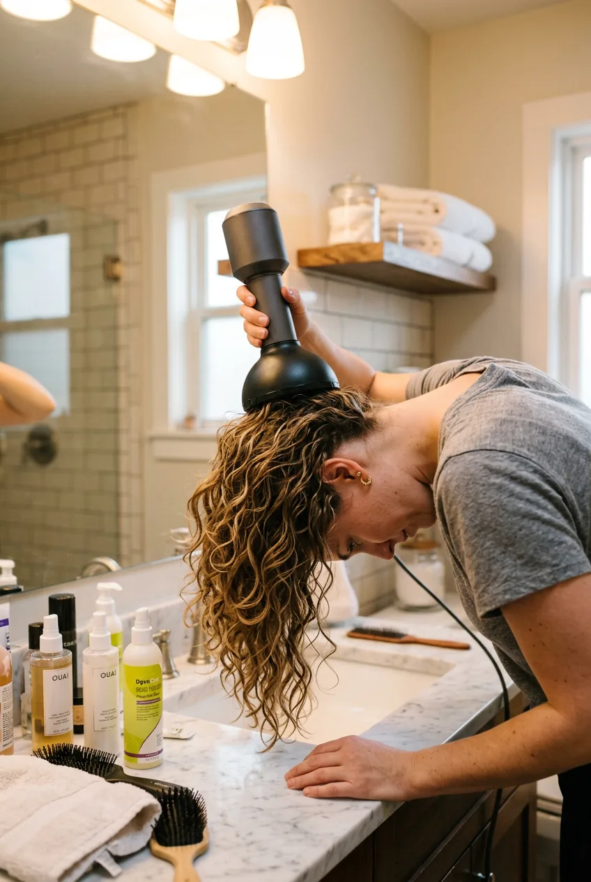 Woman diffusing wavy hair upside down with diffuser cupping hair sections near scalp