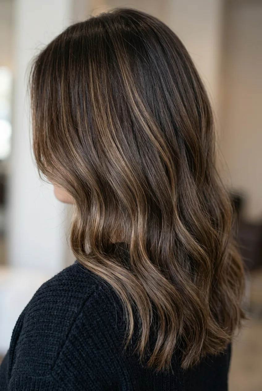 Dimensional hair color with subtle balayage highlights showing depth and natural movement