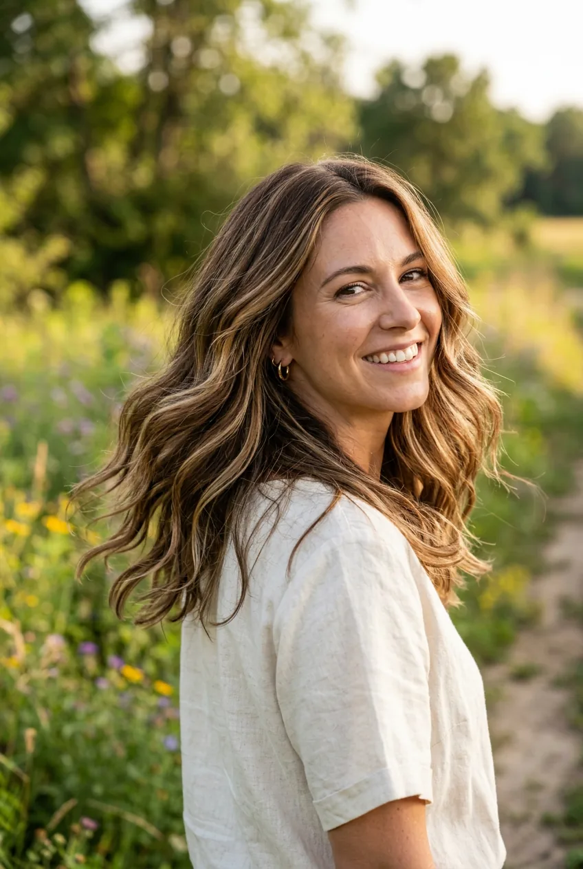 Woman with dimensional hair color showing natural highlights and sun-kissed depth