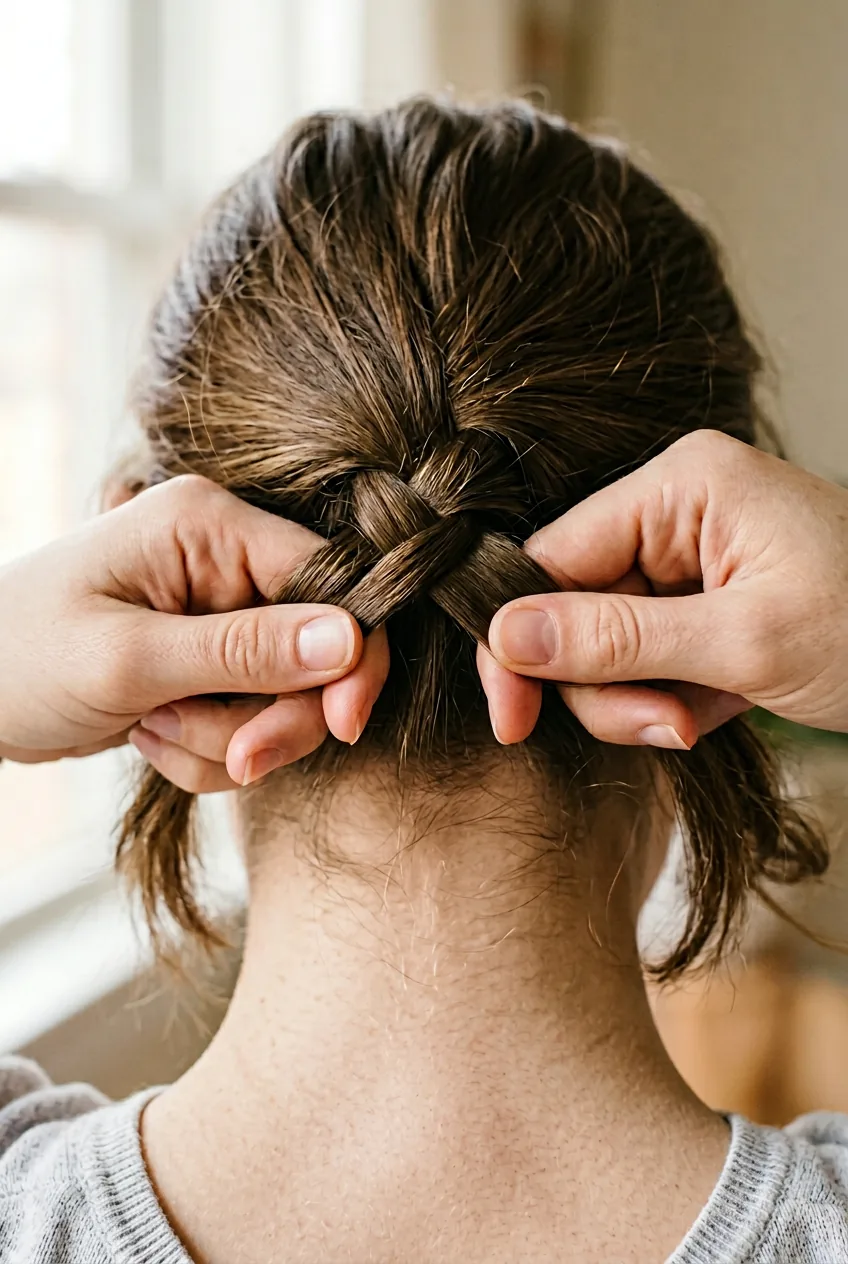 Detailed view of hands separating hair into three equal strands at neck preparing to braid