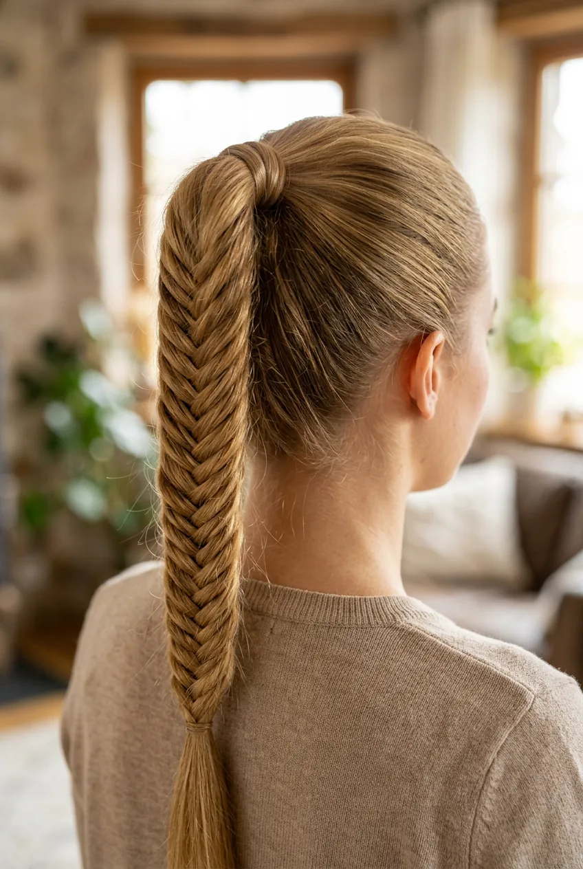 Back view of double ponytail technique demonstrating stacked ponytails for volume illusion