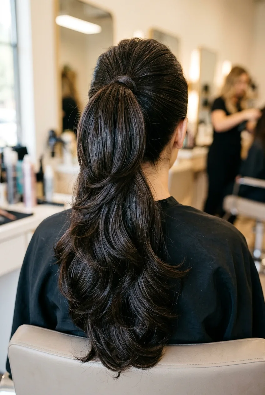 Double ponytail construction showing layered technique creating fullness and length illusion