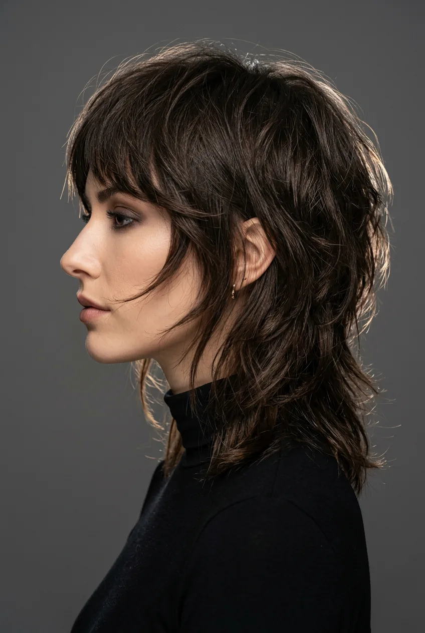Woman with dramatic choppy shag cut featuring bold face-framing layers at cheekbone level