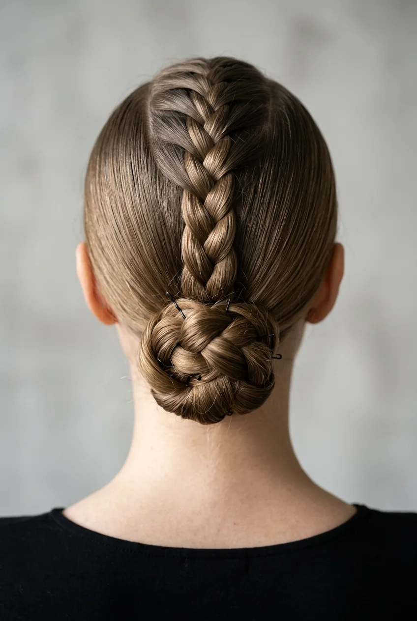 Dutch braid leading to low bun showing intricate weaving and secure pin placement