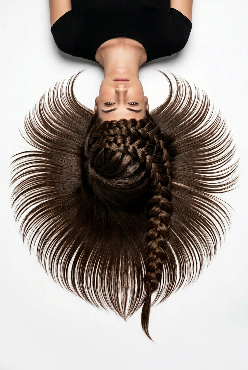 Brunette long hair in side dutch braid arranged in circle overhead on white background
